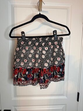 Angie Black Floral High-Waist Shorts with Red Floral Border